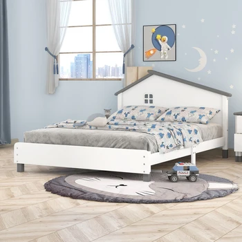 Белая + серая полноразмерная деревянная кровать-платформа с изголовьем в форме домика, легко монтируется для мебели для спальни в помещении