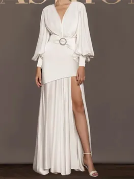 Белое атласное платье Макси для женщин, осеннее сексуальное платье с V-образным вырезом, длинным рукавом-фонариком, с высоким разрезом, Вечернее платье для выпускного вечера