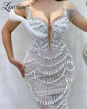 Белое жемчужное платье Mermaid 2023, вечерние платья от кутюр с арабским бисером, вечерние платья знаменитостей с арабскими кристаллами По индивидуальному заказу