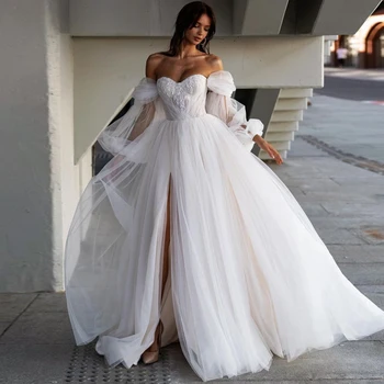 Белое фатиновое платье трапециевидной формы с открытыми плечами, длина до пола, свадебные платья с аппликацией, прозрачная женская одежда с длинным рукавом для новобрачных
