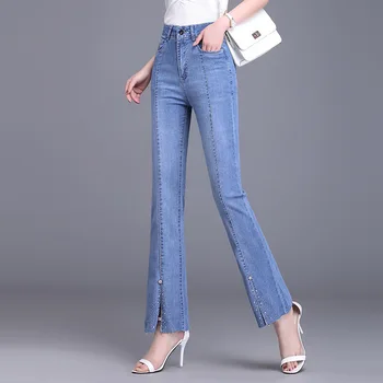 Бесплатная доставка 2023 Летние женские новые высококачественные модные джинсы с высокой талией и микро-рогом, облегающие повседневные брюки с разрезом