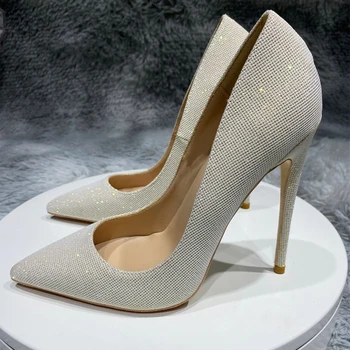 Блестящие серебристые женские дизайнерские свадебные туфли на высоком каблуке с острым носком, шикарные женские туфли-лодочки на шпильке, большие размеры