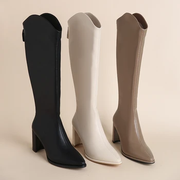 Большие размеры 34-43, Новые женские ботинки на молнии на толстом высоком каблуке, простые осенне-зимние ботинки на толстом высоком каблуке, ботфорты до колена, однотонные ботфорты