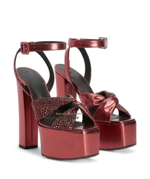 Бордо-красный металлик 150 мм, сандалии на платформе, женские туфли на высоком каблуке, украшенные стразами, женская обувь для вечеринок