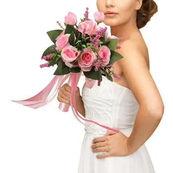 Букеты невесты для свадеб Креативные Белые Розы Искусственные цветы Невеста держит цветы для украшения свадебного стола Шелк
