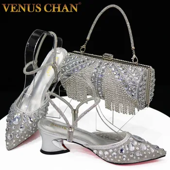 Венера Чан 2023, Элегантные женские туфли на каблуке, кружевной дизайн с бриллиантами, Модные женские серебряные туфли и сумка для вечеринки в нигерийском стиле