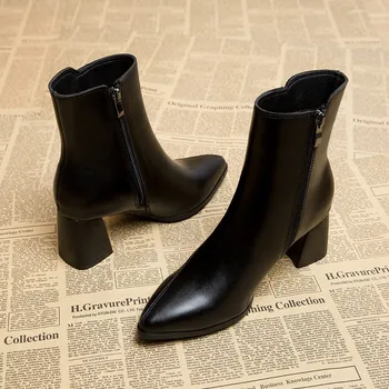 Весенне-осенние новые тонкие женские ботинки в британском стиле с острым носком и боковой молнией, черные женские ботинки телесного цвета
