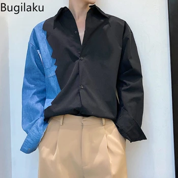 Весенне-осенний индивидуальный дизайн в стиле пэчворк из денима Bugilaku, корейская мужская свободная повседневная рубашка