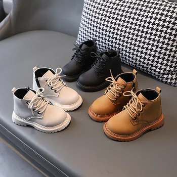 Весенне-осенняя новая детская обувь, детские ботинки Martin, универсальные короткие ботинки из кожи для мальчиков, черные ботинки на шнуровке