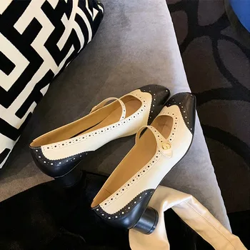 Весенние новые туфли с квадратной резной головкой в стиле ретро на толстом каблуке светлого цвета на высоком каблуке, одиночные туфли Mary Jane