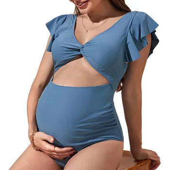 Взрывной Купальник Для беременных Женщин 2023, Новый Однотонный Свободный Летний Купальник с Короткими рукавами И поясом