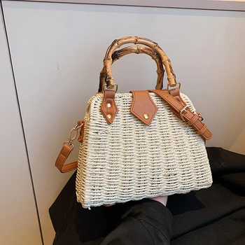 Винтажная Женская сумка с бамбуковой ручкой, дизайнерская соломенная сумка, сумка через плечо из искусственной кожи, женская сумка через плечо цвета Хаки, Бежевая Тканая сумка ручной работы