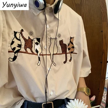Винтажная рубашка в тонкую полоску, мужская рубашка с короткими рукавами в стиле ретро с вышивкой кота, летняя блузка Гранж в гонконгском стиле в стиле Ретро 2023 г.