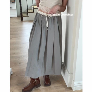 Винтажная свободная юбка трапециевидной формы в стиле пэчворк контрастного цвета, женская летняя новинка 2023 года, повседневная юбка средней длины в складку с высокой талией на шнуровке