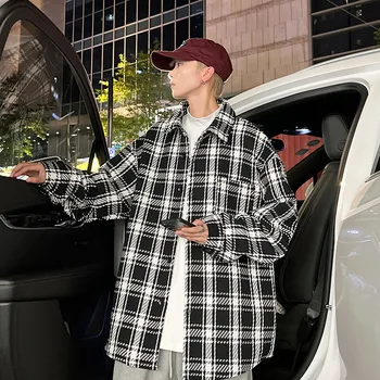 Винтажное клетчатое пальто Мужские осенние Корейские куртки большого размера с модным отложным воротником Мужская верхняя одежда