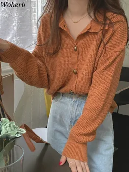 Винтажный Кардиган, Женская одежда, Однобортный Однотонный Повседневный свитер Sueter Mujer, Вязаный Модный Корейский Укороченный свитер
