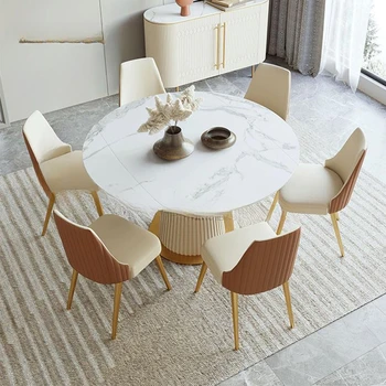 Выдвижной круглый кухонный стол для столовой Современная роскошная домашняя мебель для ресторана Мраморный обеденный стол и 6 стульев