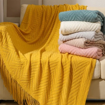 Вязаное одеяло с кисточками, ворс для кондиционера, Покрывало для офисного дивана, Шаль, Маленькое одеяло, Прикроватное полотенце для украшения