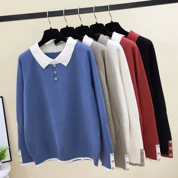 Вязаные топы в стиле пэчворк с лацканами, женские классические свитера на пуговицах размера Оверсайз 4xl, повседневные Корейские пуловеры, Свободный Элегантный трикотажный джемпер
