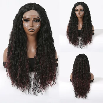 Глубокий Кудрявый Кружевной Фронтальный Синтетический парик с длинной черной изюминкой, винно-красный Парик для женщин, Афро-Волнистый Повседневный косплей, Термостойкий