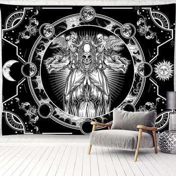 Гобелен со скелетом, эстетические гобелены с Солнцем и Луной, черно-белые, настенные для гостиной, спальни, домашнего декора в стиле бохо