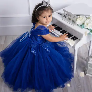 Голубые тюлевые платья для девочек-цветочниц, Кружевное Бальное платье с блестками, Милое платье принцессы с короткими рукавами на День Рождения