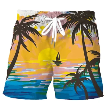 Гонконгские пляжные шорты Полинезийский остров Восход Закат Печатные шорты Брюки Модная мужская одежда Ropa Hombre