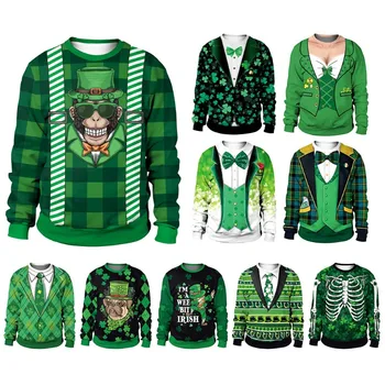 День Святого Патрика Ирландский Зеленый костюм Пуловер с круглым вырезом, Свитер для пары с цифровой печатью, Модные Повседневные свитера с длинным рукавом