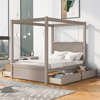 Деревянная кровать с балдахином и четырьмя выдвижными ящиками, полноразмерная кровать-платформа с балдахином и опорными рейками.Пружинная коробка не требуется, матовый светло-коричневый