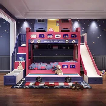 Детская мебель из массива дерева с двумя этажами деревянных кроватей, двухъярусных кроватей, высоких и низких кроватных горок