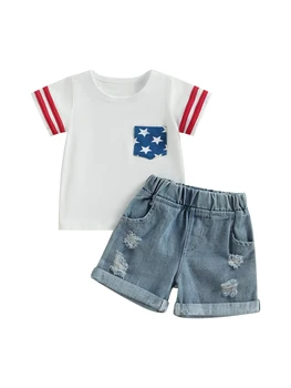 Детская одежда на День независимости, летняя футболка с коротким рукавом и эластичные повседневные рваные джинсовые шорты, комплект для девочек и мальчиков