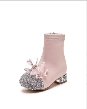 Детские короткие ботинки с бабочками 2023, осень / зима, на одной подкладке, Розовые сапоги принцессы на высоком каблуке для маленьких девочек, Хрустальные сапоги с лошадьми