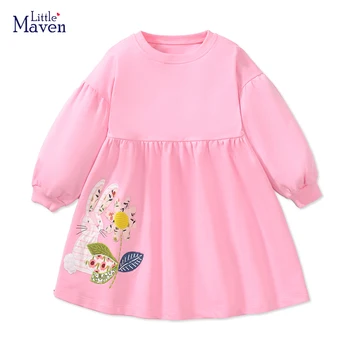 Детское платье Little maven, осенняя одежда, детская одежда, повседневное платье с длинными рукавами и вышивкой в виде мультяшного кролика, Весна