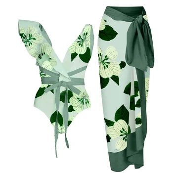 Дизайн на шнуровке с зеленым цветочным принтом, асимметричный дизайн, цельный бант с баской на плече, модный купальник и накидка 2023 Для женщин