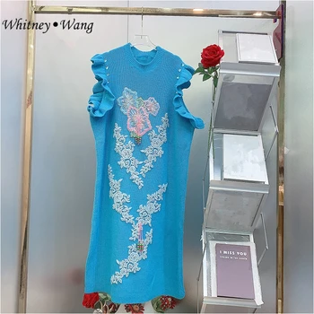 Дизайнерский стиль WHITNEY WANG 2023, Осенне-зимняя уличная мода, вышивка бисером, цветами, вязаное платье с оборками, женское платье