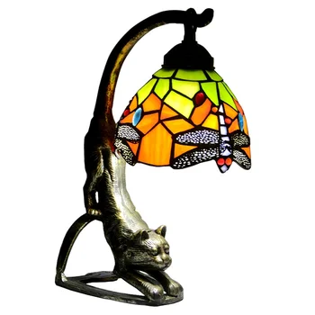 Длинный рисунок кота, витражное стекло, настольная лампа с рисунком стрекозы от Тиффани, ночник, глаза загораются