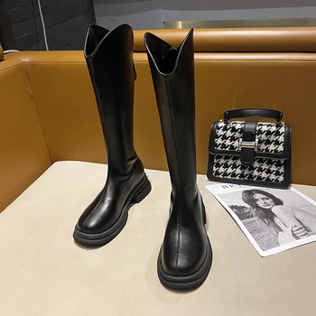 Женская обувь Мода 2023 года, женские ботинки на квадратном каблуке с круглым носком, осенние ботинки на платформе с застежкой-молнией из цельного полиуретана, Botas De Moda