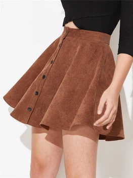 Женская расклешенная вельветовая юбка трапециевидной формы на пуговицах, мини-плиссированная юбка на пуговицах с высокой талией, Осенняя официальная Женская Черная юбка