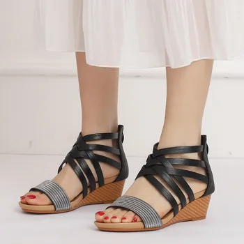 Женские босоножки на танкетке, летняя обувь в стиле бохо, удобные сандалии с эластичным ремешком с открытым носком, Римские сандалии
