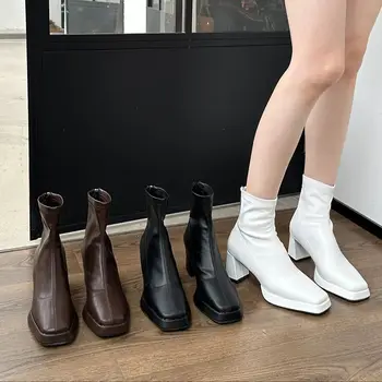 Женские ботильоны с квадратным носком, Новые поступления 2023 года, Черные, коричневые, Белые, на толстом высоком каблуке, стрейчевые туфли, женские модные вечерние туфли-лодочки на молнии