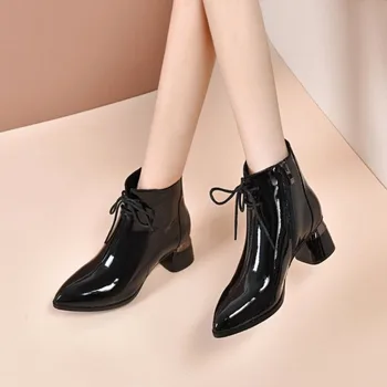 Женские ботинки с заостренным носком и на толстом каблуке, однотонная молния сбоку с перекрещивающимися ремешками, современные ботинки, подходящие для зимы