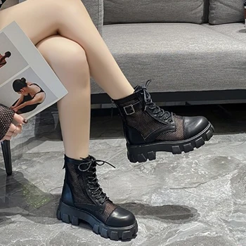 Женские ботинки, Черная сетка, шнуровка, Новинка 2023 года, женские ботильоны в стиле панк и готика, Обувь на платформе, женские летние ботинки, женские