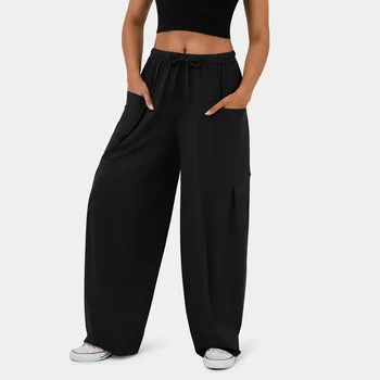 Женские брюки-карго в спортивном стиле, повседневные свободные однотонные широкие брюки с карманами, темпераментные брюки с эластичной резинкой на талии, складками на талии