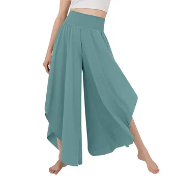 Женские брюки с высокой талией и широким эластичным поясом, брюки для йоги, однотонные тонкие женские широкие брюки с разрезом длиной до девятого