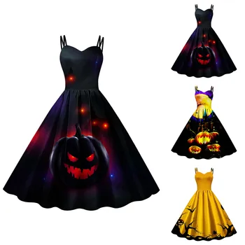 Женские винтажные коктейльные платья с принтом на Хэллоуин Для женщин, подходящие без рукавов длиной до колен, в стиле ретро, трапециевидные, расклешенные, вечерние