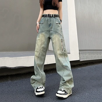 Женские джинсы в американском стиле в стиле ретро с уличным дизайном, потертые широкие джинсы-бойфренды с винтажной стиркой, уличная одежда