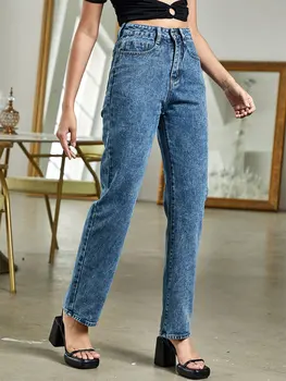 Женские джинсы, однотонные брюки на молнии с высокой талией и карманами для повседневной уличной одежды