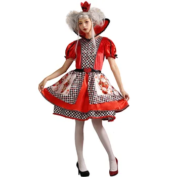 Женские костюмы Красной королевы покера на Хэллоуин, женская юбка с помпоном, Алиса, косплей, Карнавал, Пурим, Сценическая ролевая игра, шоу-бар, вечернее платье