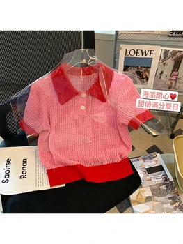 Женские модные полосатые трикотажные рубашки Поло с воротником-стойкой, винтажные футболки с короткими рукавами и отворотом, женские шикарные женские футболки Harajuku Нового дизайна
