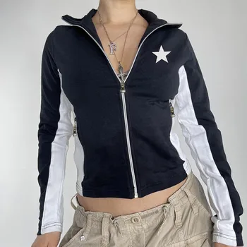 Женские приталенные куртки в американском стиле в стиле ретро, женская спортивная куртка для бега с отворотом на молнии, повседневные пальто с цветным принтом в виде звезды, укороченные топы
